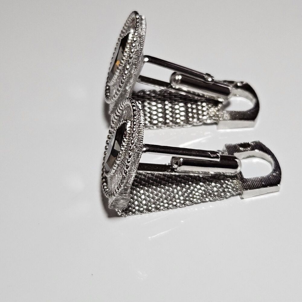 Vintage Swank Clear Marquise Shape Rhine Wrap Around Mesh Silver Tone Cuff Links - Picture 11 of 12
